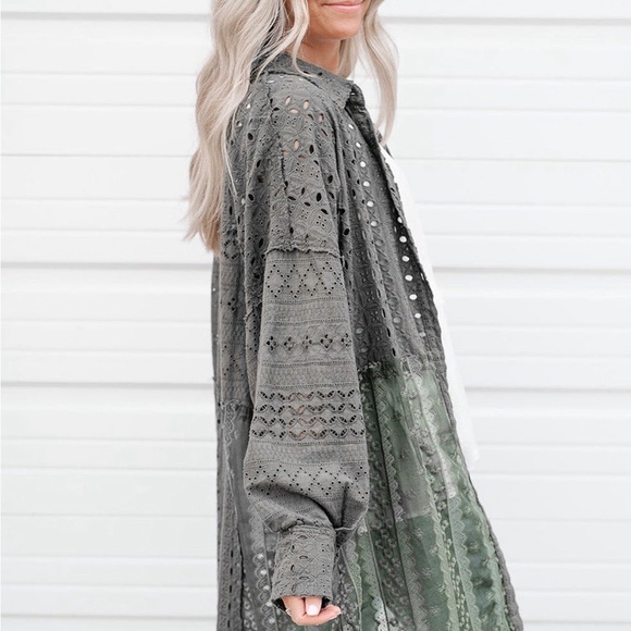 Duffel Green Eyelet Pattern Patchwork Oversized Button Up Shacket Bohemian style - Picture 2 of 15